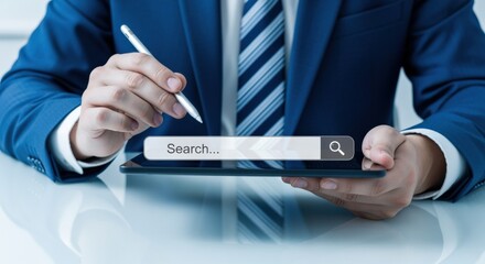 Professional Using Search Bar on Tablet for Information, Data Analysis, and Online Research