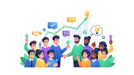 Diverse group of people celebrating with colorful business and communication icons