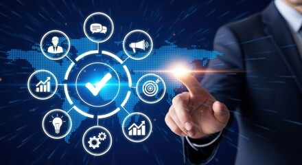 Business man touching virtual interface screen with icons, representing process management, digital transformation and automation.
