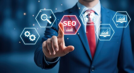 Businessman Activating SEO Interface: Optimizing Website Search, Analytics, and Global Reach for Business Growth