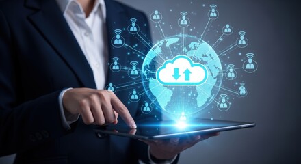 Cloud Computing Technology: Businesswoman Interacting with Digital Globe and Cloud Icon on Tablet for Data Solutions