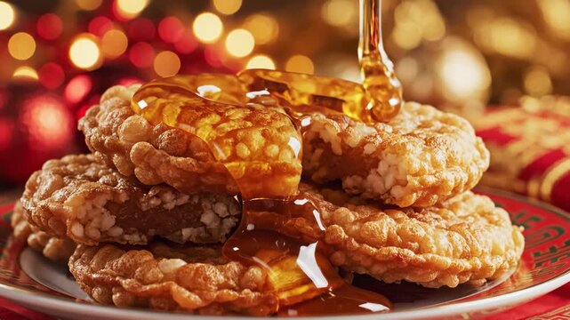 Warm golden honey pours over a stack of traditional chinese new year pastries in a festive close-up.