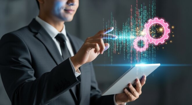 Business professional using digital interface on tablet for automation and technology solutions with gears - Powered by Adobe