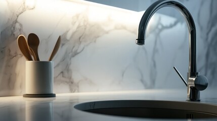 Modern kitchen faucet and utensils on a marble countertop.