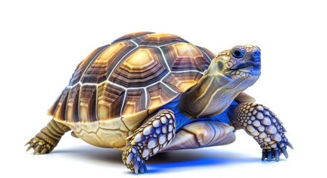 Isolated turtle with patterned shell, crawling slowly on a white studio background showcasing its unique texture