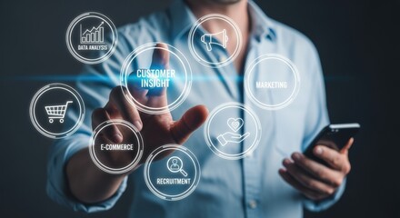 Man Interacting with a Customer Insight Interface, Visualizing Data Analytics, E-commerce, Recruitment, and Marketing Strategies on a Digital Display