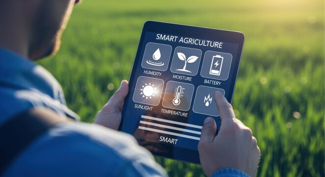 Precision Agriculture: Farmer Using Tablet for Smart Farming Technology in Green Field at Sunset