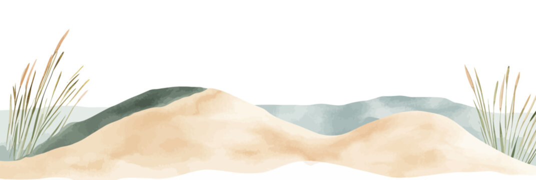 Minimalist watercolor illustration of sandy coastal dune with sea grass and gentle ocean waves in soft natural colors on white background