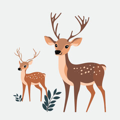 Obraz premium Two cartoon deer standing with antlers and spotted coats in flat minimalist vector style with green foliage elements on white background
