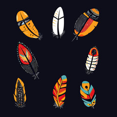 Colorful stylized feather illustrations with native ornamental patterns, tribal design elements on dark background, vector art composition for cultural decor and ethnic themes