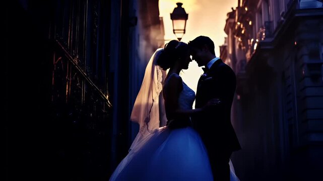 Paris, France, Europe. A silhouette of a bride and groom sharing an intimate moment during sunset in an urban setting. The brides dress is a pristine white.