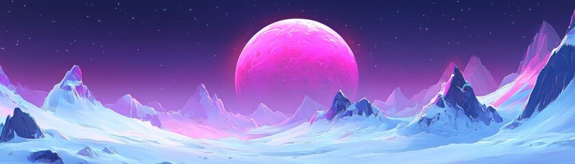 Pink planet with snow-capped mountains under a starry night.