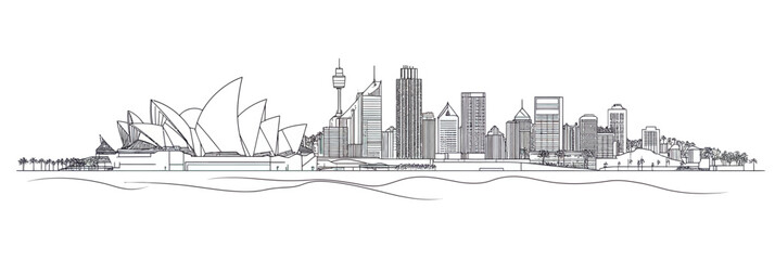 Fototapeta premium Detailed black and white line art Sydney city skyline with Opera House and modern skyscrapers in minimalist architectural vector style illustration