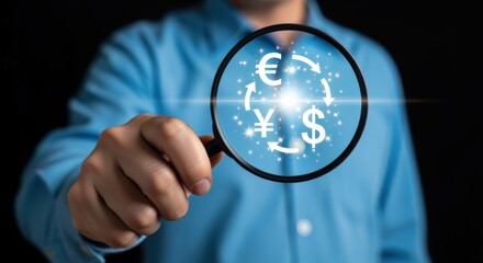 Currency Exchange Magnified: A Conceptual Image of Global Finance and Investment Opportunities with Dollar, Euro, and Yen Symbols