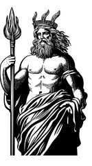 Obraz premium Black and white vector engraving of muscular Poseidon Greek god holding trident with flowing beard and crown in minimalist style outline illustration