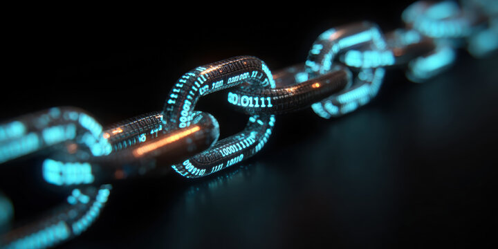 Secure blockchain concept showing neon chain links wrapped in binary code light, black minimalist backdrop - Powered by Adobe