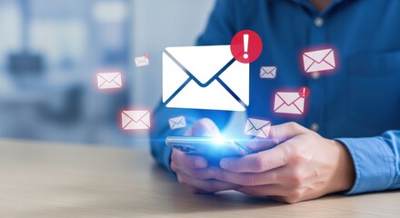 Man Holds Smartphone with Overlaid Email Icons and Notification Alert, Representing Spam or Unread Messages