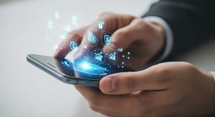 Hands using mobile phone showing financial icons, digital banking, and online business management concept