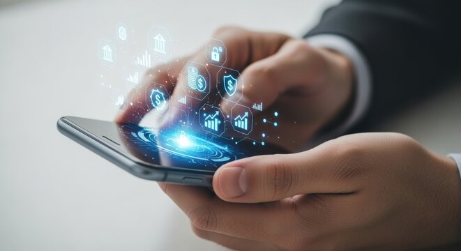 Hands using mobile phone showing financial icons, digital banking, and online business management concept - Powered by Adobe