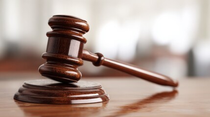 Obraz premium Wooden gavel resting on sounding block, symbolizing justice, legal proceedings, courtroom decisions, and legislative authority
