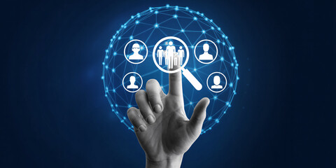 Hand interacting with digital network of people icons