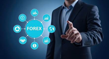 Forex Trading Concept: Businessman Interacting with Virtual Interface Displaying Financial Data and Currency Exchange Market Analysis