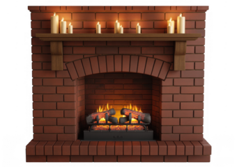 Brick fireplace with burning fire and candles flames isolated on a transparent background