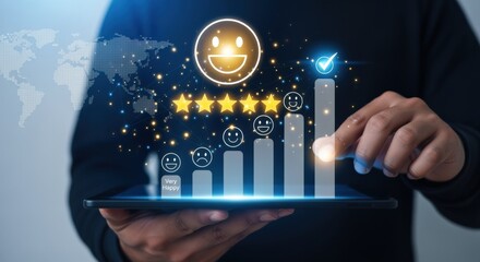Customer Experience Visualization: Hand Interacting with Digital Satisfaction Metrics on Tablet Display for Business Growth