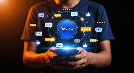 Customer Feedback Concept: Man Holding Smartphone with Review Notifications and Star Ratings Displayed