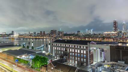 Aerial panoramic view over Maashaven day to night timelapse in Rotterdam.
