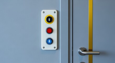 Elevator Control Panel with Up, Stop, and Down Buttons on a Gray Metallic Door