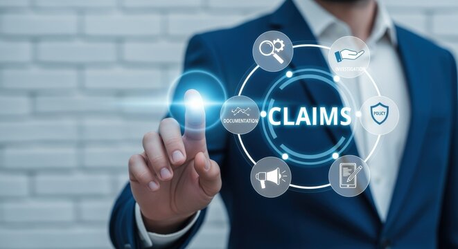 Insurance claims concept with businessman pressing button on virtual interface, illustrating digital processing and management