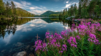 Calm lake reflecting sky, framed by forest and pink flowers