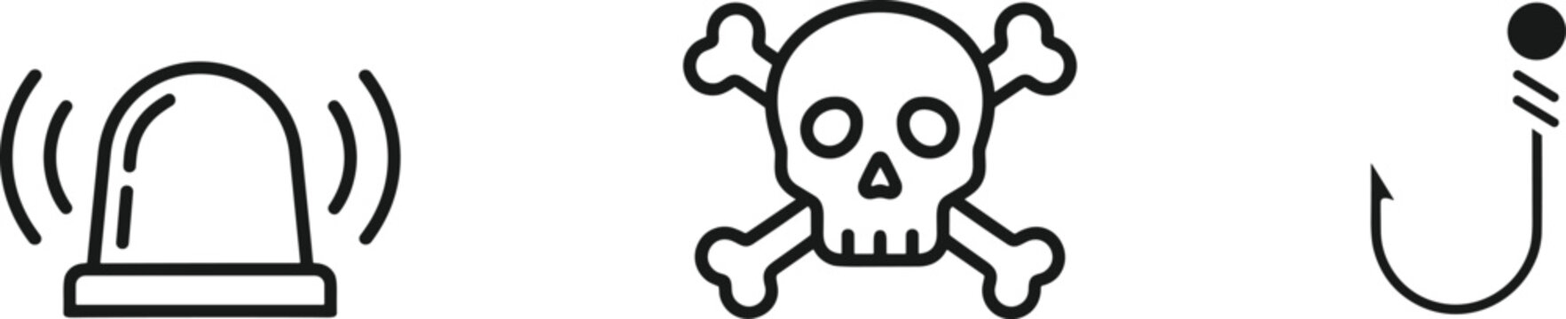 Security and danger line icons set featuring emergency siren alert skull and crossbones warning and sharp fishing hook symbol