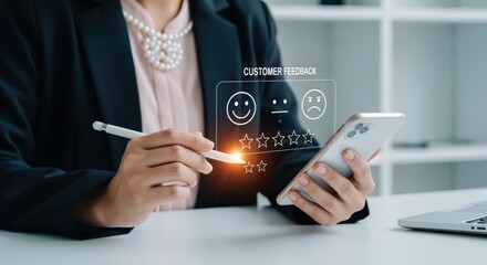 Businesswoman Reviews Customer Feedback on Smartphone with Digital Survey, Five Star Rating, Excellent Service, Satisfaction