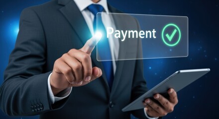 Businessman completing secure online transaction using a modern digital interface with tablet in hand