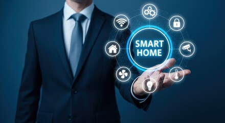 Smart home technology conceptual image showcasing connectivity and automation controlled by a man in a suit