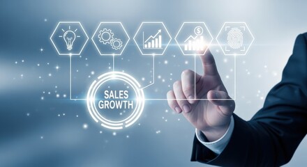 Sales Growth Strategy: Person Activating Digital Icons Representing Business Development and Financial Success Concepts