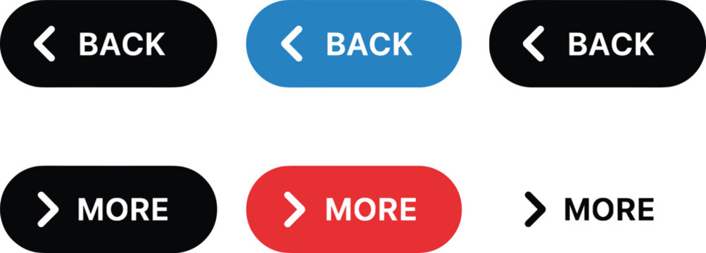 Set of back and more web navigation buttons with arrows in blue red and black colors for website interface design