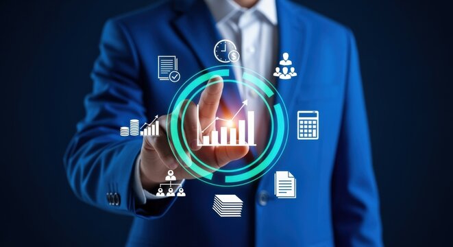 Businessman touching digital graph interface, displaying data analytics and business processes, visualizing strategic planning and corporate growth - Powered by Adobe