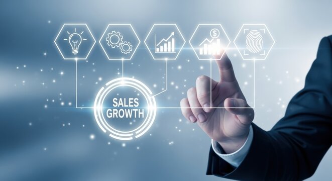 Sales Growth Strategy: Person Activating Digital Icons Representing Business Development and Financial Success Concepts - Powered by Adobe