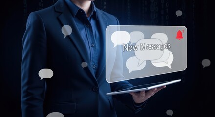 Professional holding digital tablet displaying new messages notification, representing communication and information flow in the modern digital era