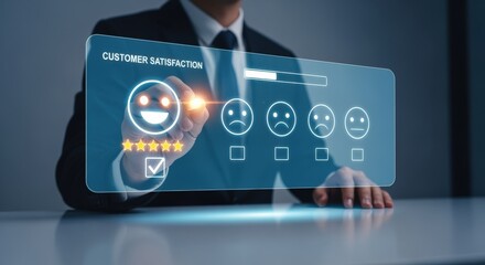 Naklejka premium Customer satisfaction analysis with five star rating, glowing interface and male hand selecting positive feedback