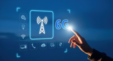 6G Technology Concept: Hand Interacting with Futuristic Touchscreen Displaying Wireless Communication Tower and Network Icons