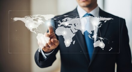 Global Business Expansion Concept: Businessman Interacting with a Digital World Map Displaying International Network Connections