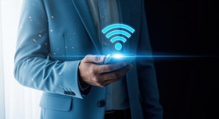Businessman Holding Smartphone with Wifi Icon Displaying Wireless Connectivity and Modern Communication Technology for Business