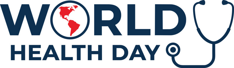 World Health Day vector typography design with red globe map and blue stethoscope symbol for medical awareness and healthcare global celebration poster. © Mohammad
