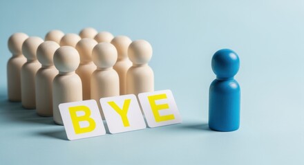 Exit Strategy Concept: Blue Wooden Figure Leaves a Group, Symbolizing Departure, Resignation, and Saying Goodbye