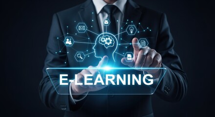 Professional businessman demonstrates interactive E-learning interface with head icon, gears and online network connection for modern education.