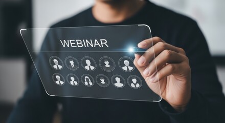 Man Interacting with Webinar Interface on Futuristic Transparent Display, Participating in Online Conference and Digital Communication